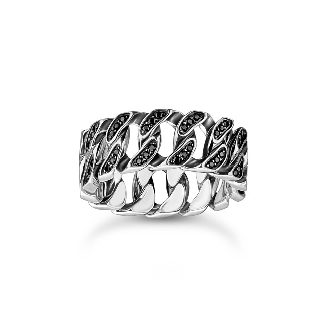 Thomas Sabo Rebel Basics Silver wide ring with chain links and black stones - TR2501-643-11
