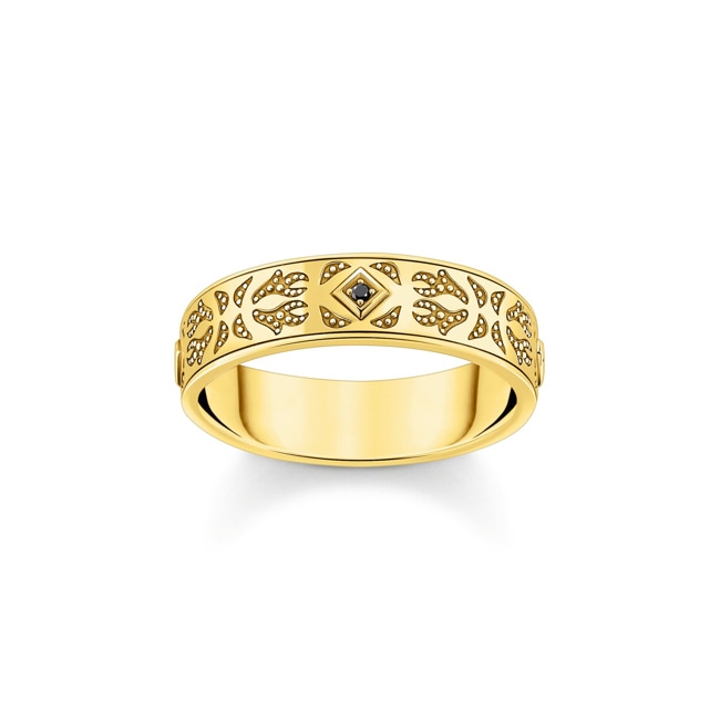 Thomas Sabo Rebel Wolf Gold-plated band ring with pattern and black zirconia - TR2455-414-39