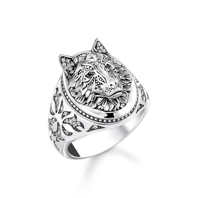 Thomas Sabo Rebel Wolf Chevalière loup sertie de gemmes, argent noirci - TR2452-643-21
