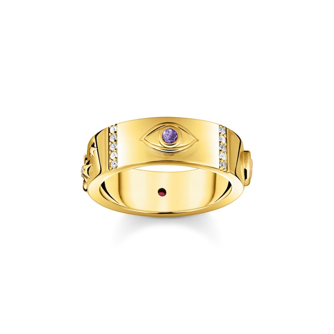 Thomas Sabo Ring mit kosmischen Symbolen und bunten Steinen vergoldet - TR2439-995-7