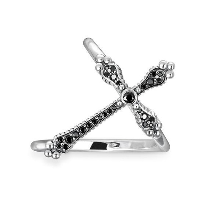 Thomas Sabo Sterling Silver Glam & Soul Damenring Royalty Kreuz Schwarze Steine - TR2143-643-11