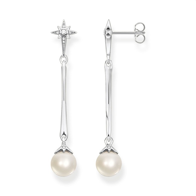 Thomas Sabo Orecchini Donna In Argento 925 Con Perle D'acqua Dolce E Zirconi, Modello H2241-167-14, Misura 23x5 Mm, Chiusura A Incastro