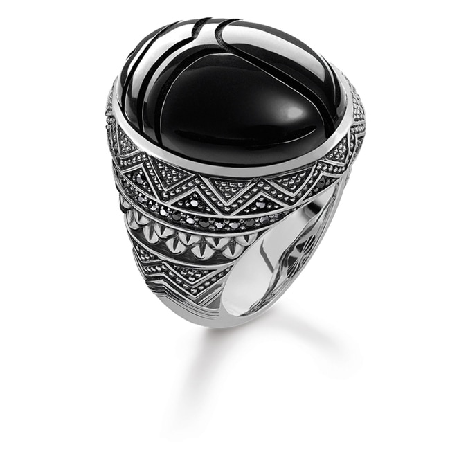 Bague Ancienne Scarabée En Argent Sterling Avec Onyx - Taille 50 - Style Art Déco