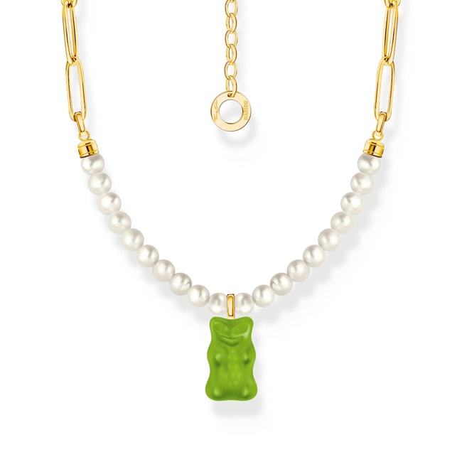 Thomas Sabo x HARIBO Chaîne à maillons avec breloque Ours d’or vert et perles, dorée Thomas Sabo x HARIBO Chaîne à maillons avec breloque Ours d’or vert et perles, dorée - KE2207-430-6-L45V