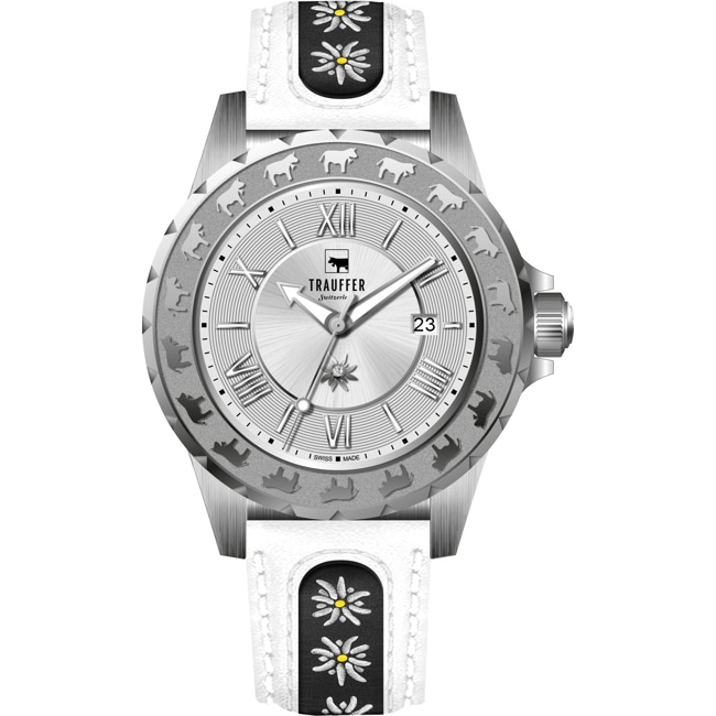 Trauffer Ladies Silver / White leather with edelweiss - TR-AL-01-SL-53