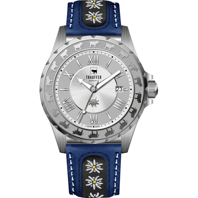 Trauffer Herren Silbrig / blaues Leder mit Edelweiss - TR-AG-01-SL-51