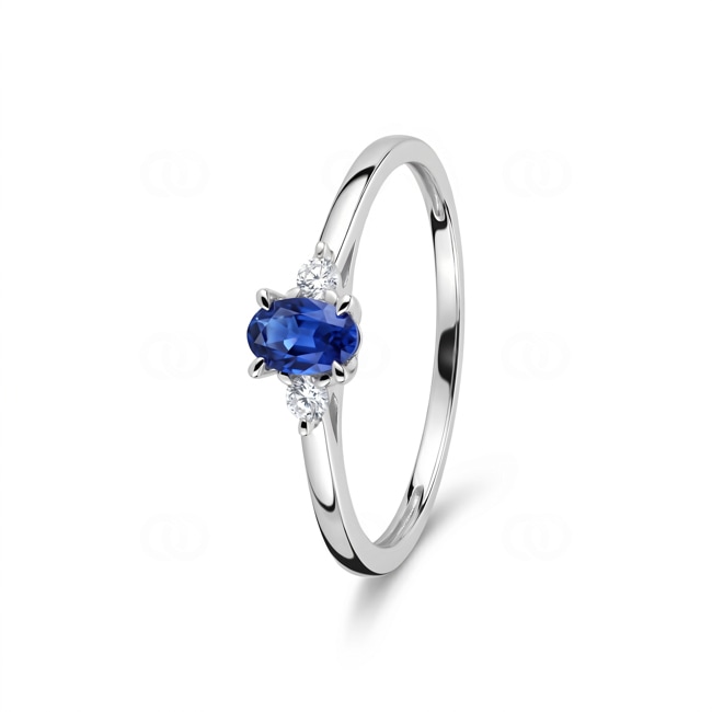 Trilogie Ring 375/9 K Weissgold mit Lab Grown Saphir & Diamanten 0.06 ct - 9KLGS108W