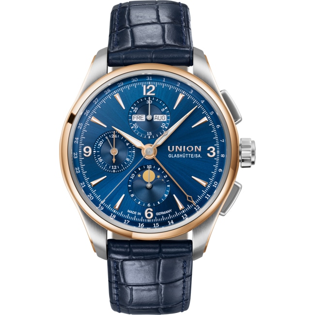 Union Glashütte Belisar Chronographe Phases de Lune Bicolore Bleu 42mm - D907.425.46.047.01