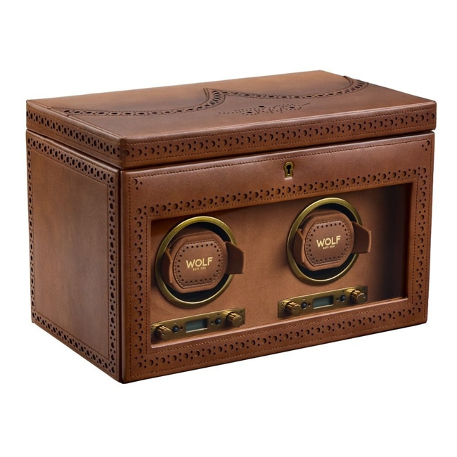 Wolf 1834 Brogue Double Watch Winder with Storage Burnished Brown - 440206