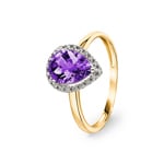 Damenring 750/18 K Gelbgold mit Amethyst Tropfen und Diamanten 0.06 ct H/si