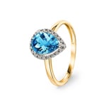 Damenring 750/18 K Gelbgold mit Blautopas Tropfen und Diamanten 0.06 ct H/si