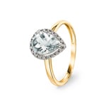 Damenring 750/18 K Gelbgold mit grünem Amethyst Tropfen und Diamanten 0.06 ct H/si