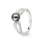 Ring 925 Silver rhodium-plated with black Artificial Pearl 6mm and Cubic Zirconia