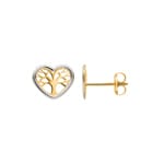 Heart Stud Earrings 750/18 K Yellow and White Gold, Tree of Life