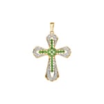 Cross Pendant 750/18 K Yellow Gold with green Garnets & Diamonds 0.15 ct H/si