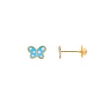 Stud Earrings 750/18 K Yellow Gold with blue Lacquer, Butterfly