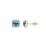 Clous d'oreilles or jaune 750/18 ct avec topaze bleue coussin et diamants 0.10 ct H/si