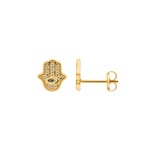 Clous d'oreilles or jaune 750/18 ct avec topaze bleue et zircones, Main de Fatma