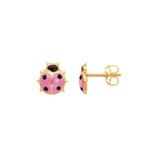 Clous d'oreilles or jaune 750/18 ct avec laque rosa, Coccinelle