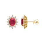 Stud Earrings 750/18 K Yellow Gold with oval Ruby & Diamonds 0.81 ct H/si