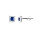 Clous d'oreilles or gris 750/18 ct avec saphir carrée et diamants 0.12 ct H/si