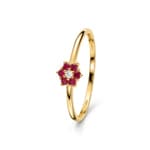 Ring 750/18 K Gelbgold Blume mit Rubinen & Diamant 0.01 ct