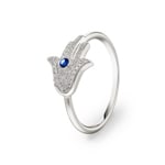 Ring 750/18 K White Gold with Sapphire and Diamonds 0.10 ct H/si, Hand of Fatima
