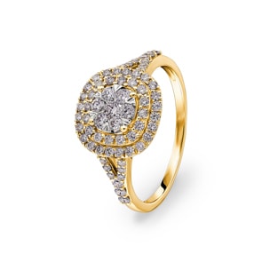 0.80 carats diamants bague halo or jaune 750/18 ct