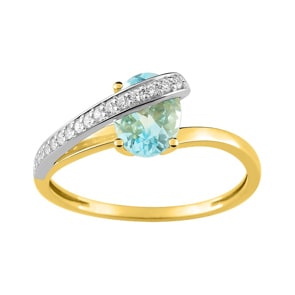 Damenring 750/18 K Gelbgold mit Aquamarin oval und Zirkonia