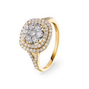 1.00 carats diamants bague halo or jaune 750/18 ct