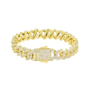 12mm Prong Cuban Link Panzerarmband Gelb vergoldet mit Zirkonia
