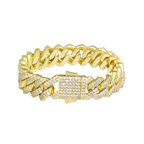 15mm Prong Cuban Link Panzerarmband Gelb vergoldet mit Zirkonia