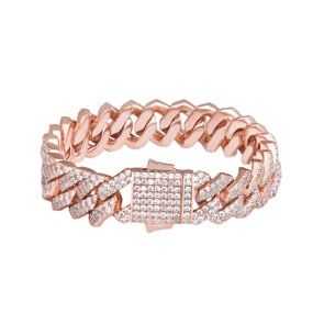 15mm Bracelet Prong Cuban Link plaqué or rosé avec zircones