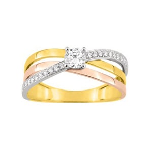 Bague or tricolore 750/18 ct avec zircones solitaires fantaisie