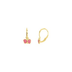 Ohrringe 750/18 K Gelbgold mit pinkem Lack, Schmetterling