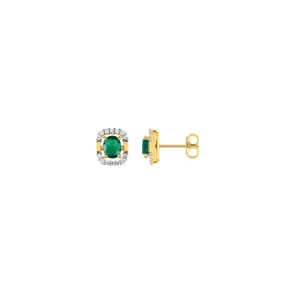 Clous d'oreilles or jaune 750/18 ct avec émeraude et diamants 0.13ct.