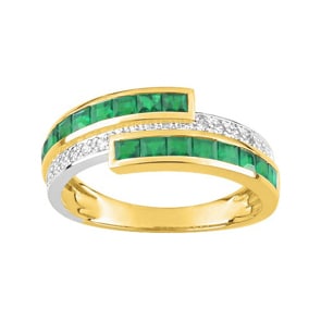 Bague or jaune 750/18 ct avec émeraudes carrée & diamants 0.06ct.