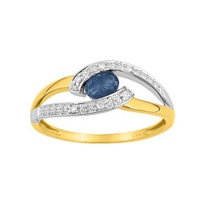 Damenring 750/18 K Gelbgold mit Saphir oval und Diamanten 0.03ct.