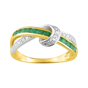 Bague or jaune 750/18 ct avec émeraudes ronde & diamants 0.03ct.