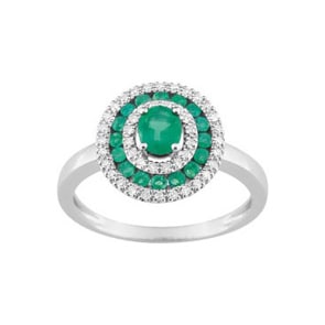 Bague or gris 750/18 ct avec 17 émeraudes et diamants 0.13ct.
