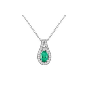 Collier or gris 750/18 ct avec émeraude ovale 0.42ct. & diamants 0.13ct.