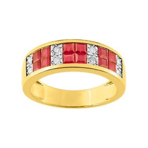 Damenring 750/18 K Gelbgold mit Rubinen carrée und Diamanten 0.12ct.