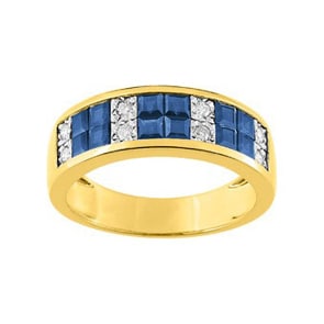 Damenring 750/18 K Gelbgold mit Saphiren carrée und Diamanten 0.12ct.