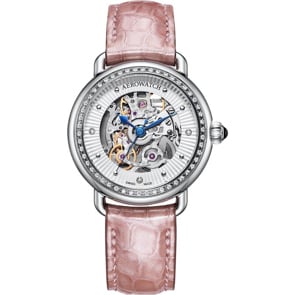 Aerowatch 1942 Lady Automatic Skeleton Diamonds en cuir rose