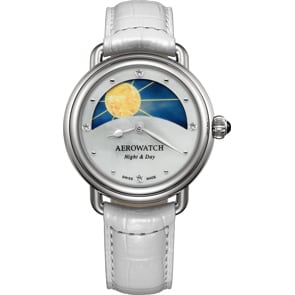 Aerowatch 1942 Lady Night & Day Leder weiss
