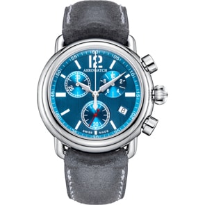 Aerowatch 1942 Quartz Chrono Leder Grau / Silbrig & Blau Ø 44mm