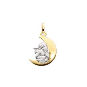 Pendentif or bicolore 750/18 ct, Ange gardien et lune
