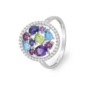 Cocktailring 375/9 K Weissgold mit Farbsteinen und Zirkonia