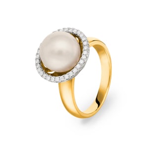 Cocktailring 750/18 K Gelbgold mit Süsswasserzuchtperlen & Diamanten 0.21 ct H/Si Ø 54