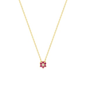 Collier or jaune 750/18 ct Fleur avec rubis & diamant 0.01 ct